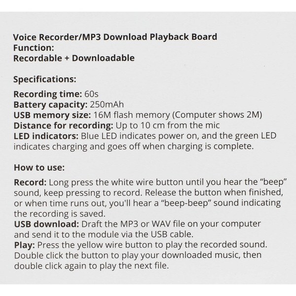 Main product image for Voice/MP3 Record and Playback Board Kit with Li-Poly Battery and USB Cable for STEM and DIY Projects320-2000